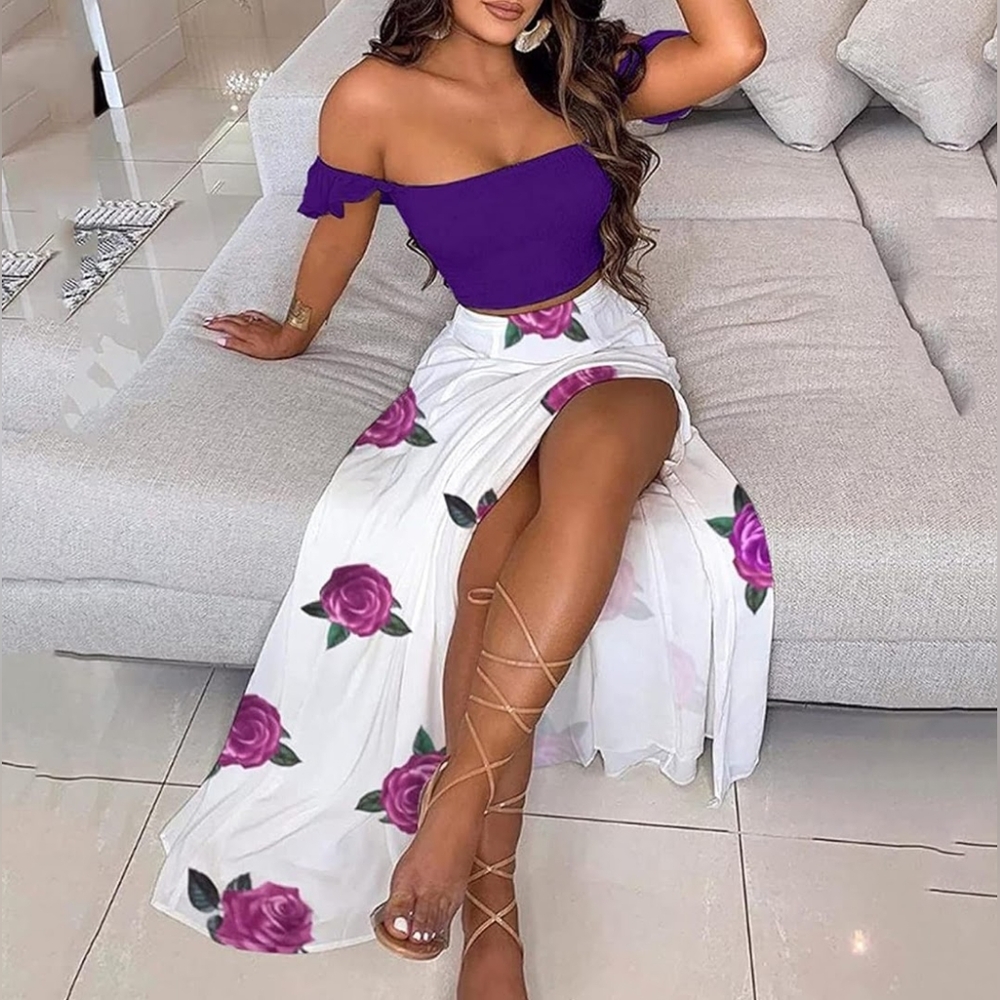 2-Piece Floral White and Purple Maxi Skirt and Crop Top Set Size M/XL